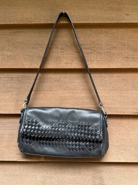 Sabrina Scala Black Leather Woven Detail Shoulder Bag